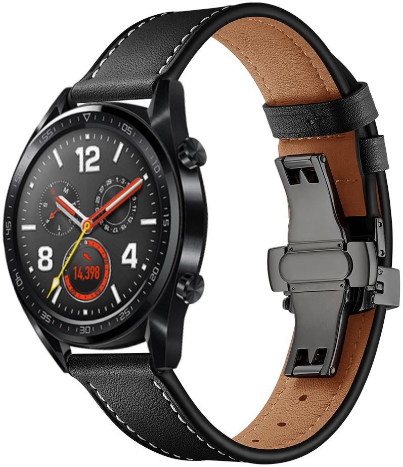 Universeel Smartwatch 22MM Bandje - Echt Leer - met Vlindersluiting - Zwart afbeelding 2