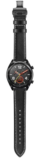 Universeel Smartwatch 22MM Bandje - Echt Leer - met Vlindersluiting - Zwart afbeelding 6