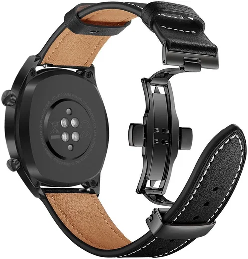 Universeel Smartwatch 22MM Bandje - Echt Leer - met Vlindersluiting - Zwart afbeelding 1