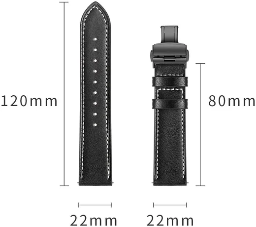 Universeel Smartwatch 22MM Bandje - Echt Leer - met Vlindersluiting - Zwart afbeelding 9