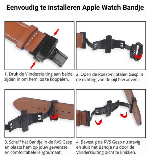 Universeel Smartwatch 20MM Bandje - Echt Leer - met Vlindersluiting - Zwart afbeelding 10