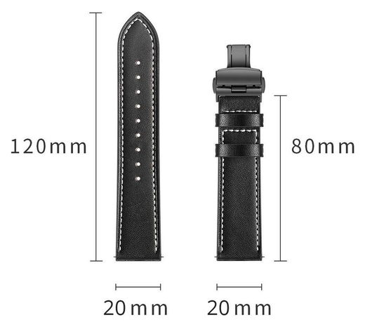Universeel Smartwatch 20MM Bandje - Echt Leer - met Vlindersluiting - Zwart afbeelding 9