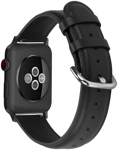 Apple Watch 45MM / 44MM / 42MM Bandje Echt Leer met Gespsluiting Zwart afbeelding 2