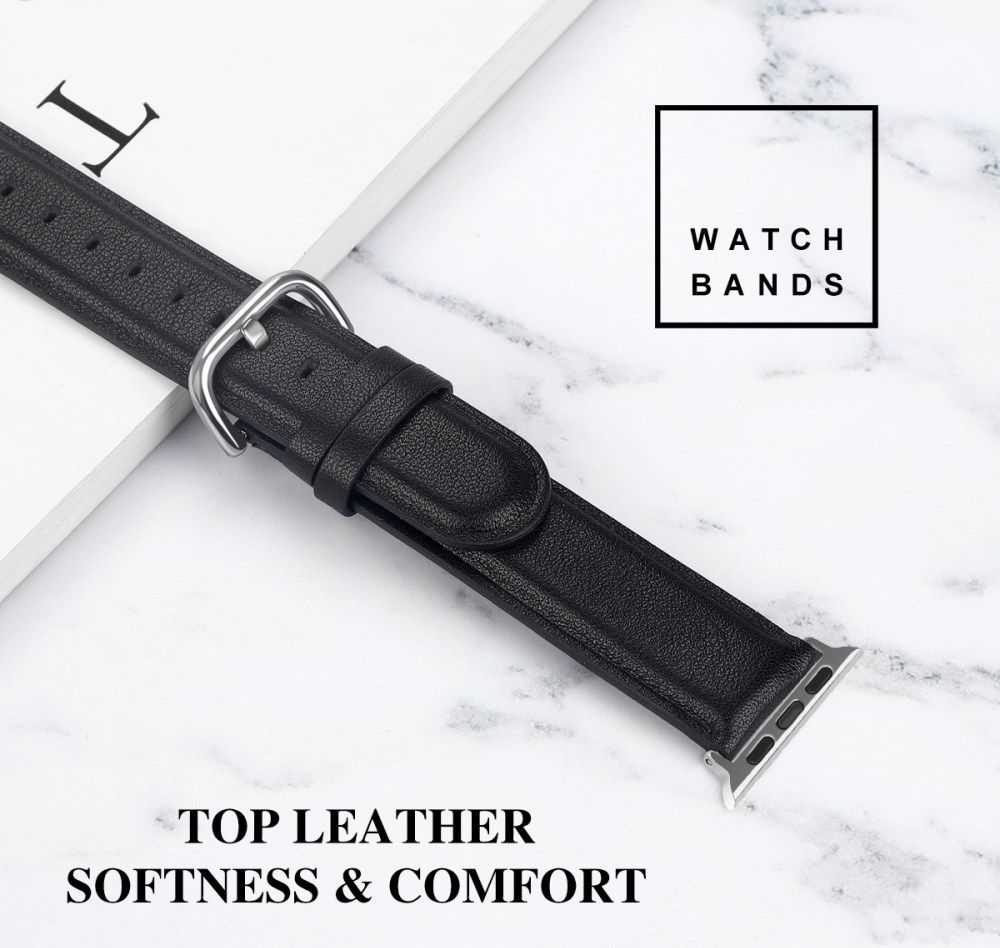 Apple Watch 45MM / 44MM / 42MM Bandje Echt Leer met Gespsluiting Zwart afbeelding 5