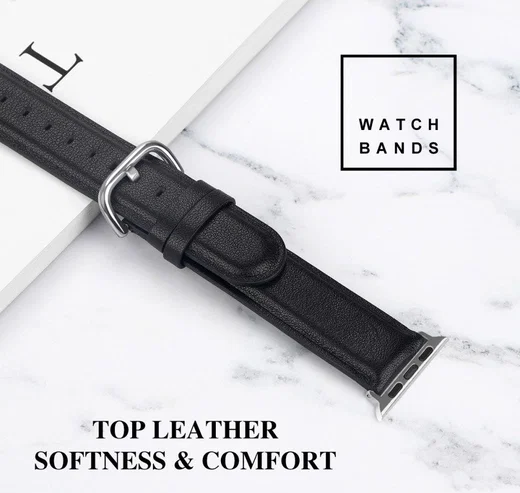 Apple Watch 45MM / 44MM / 42MM Bandje Echt Leer met Gespsluiting Zwart afbeelding 5