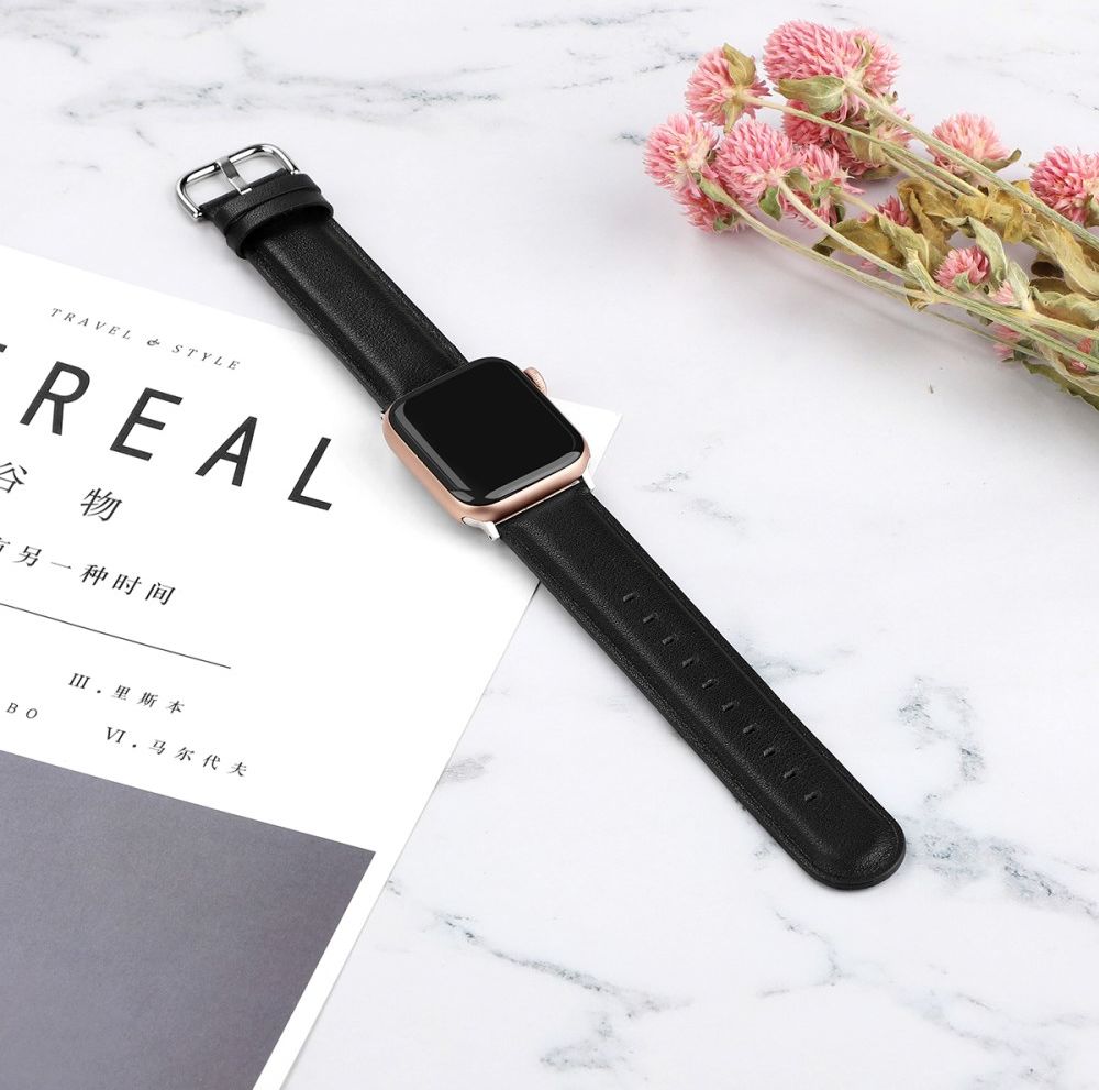 Apple Watch 45MM / 44MM / 42MM Bandje Echt Leer met Gespsluiting Zwart afbeelding 4