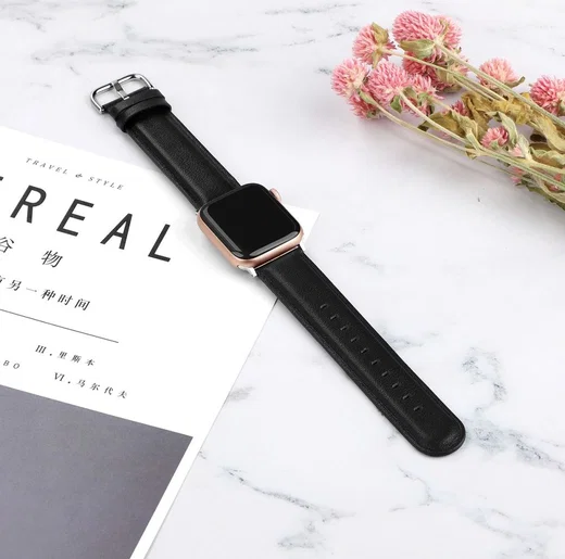 Apple Watch 45MM / 44MM / 42MM Bandje Echt Leer met Gespsluiting Zwart afbeelding 4