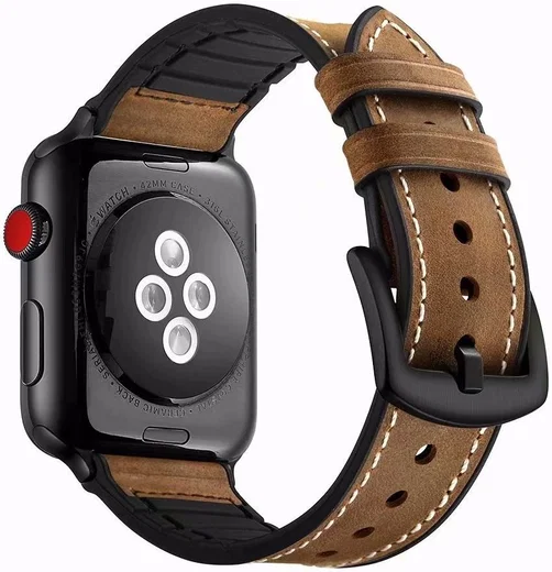 Apple Watch 45MM / 44MM / 42MM Bandje Cowhide Echt Leer en Siliconen Bruin afbeelding 2
