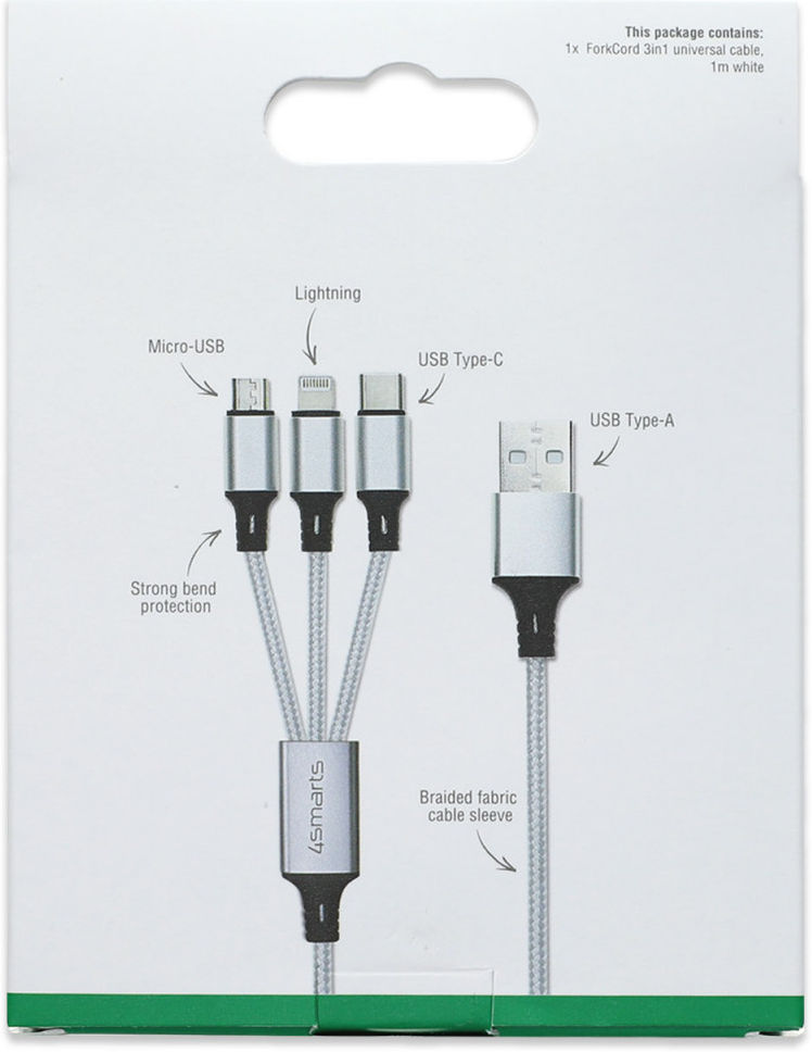 4Smarts 3-in-1 USB-C Lightning Micro USB Kabel 1 Meter Wit afbeelding 4