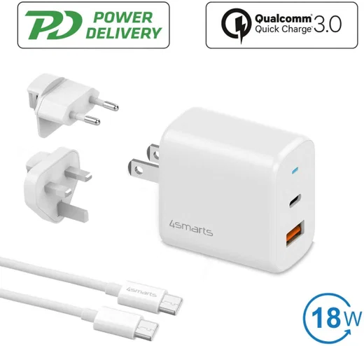 4smarts 18W Reislader Set met USB en USB-C Poort + USB-C Kabel 1.5M afbeelding 3