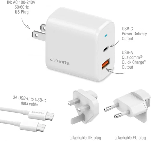 4smarts 18W Reislader Set met USB en USB-C Poort + USB-C Kabel 1.5M afbeelding 4