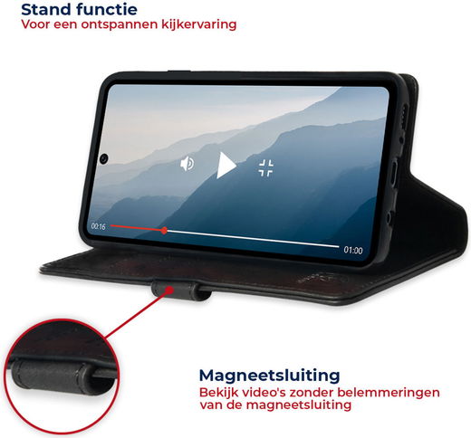 Rosso Deluxe OnePlus Nord Hoesje Echt Leer Book Case Zwart afbeelding 4