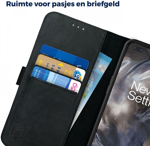 Rosso Deluxe OnePlus Nord Hoesje Echt Leer Book Case Zwart afbeelding 6