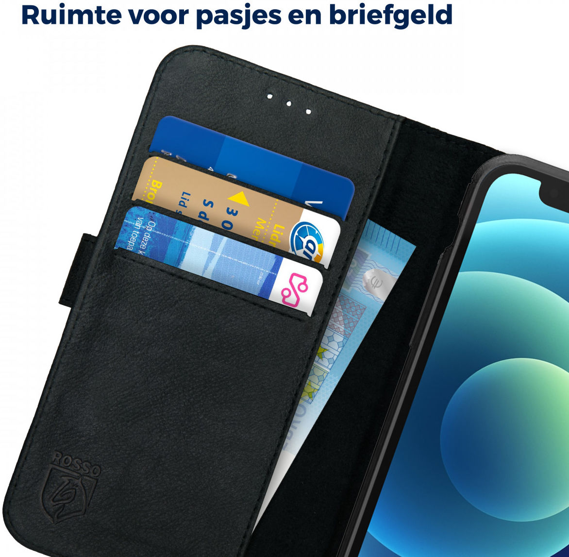 Rosso Deluxe Apple iPhone 12 Mini Hoesje Echt Leer Book Case Zwart afbeelding 9
