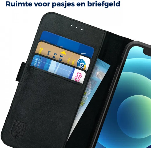 Rosso Deluxe Apple iPhone 12 Mini Hoesje Echt Leer Book Case Zwart afbeelding 9