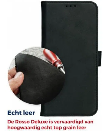 Rosso Deluxe Apple iPhone 12 Mini Hoesje Echt Leer Book Case Zwart afbeelding 6