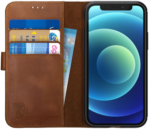 Rosso Deluxe Apple iPhone 12 Mini Hoesje Echt Leer Book Case Bruin afbeelding 1