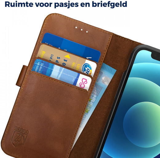 Rosso Deluxe Apple iPhone 12 Mini Hoesje Echt Leer Book Case Bruin afbeelding 8