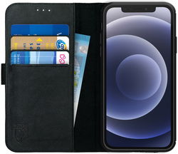 Rosso Deluxe Apple iPhone 12 / 12 Pro Hoesje Echt Leer Book Case Zwart afbeelding