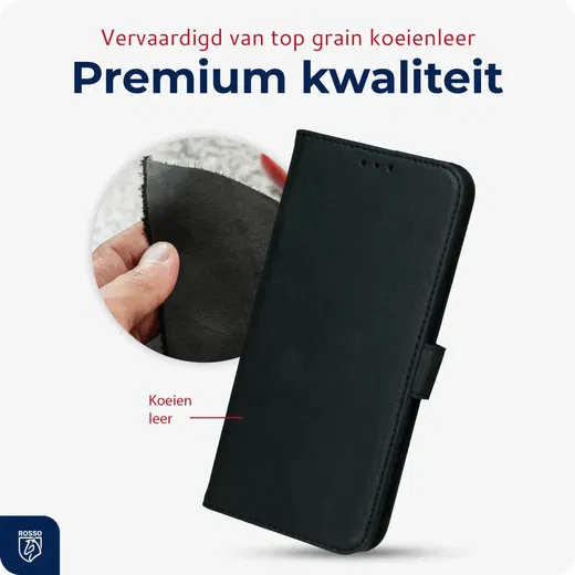 Rosso Deluxe Apple iPhone 12 / 12 Pro Hoesje Echt Leer Book Case Zwart afbeelding 4