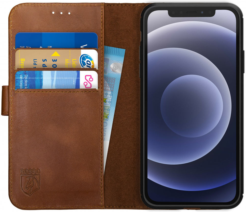 Rosso Deluxe Apple iPhone 12 / 12 Pro Hoesje Echt Leer Book Case Bruin afbeelding 1