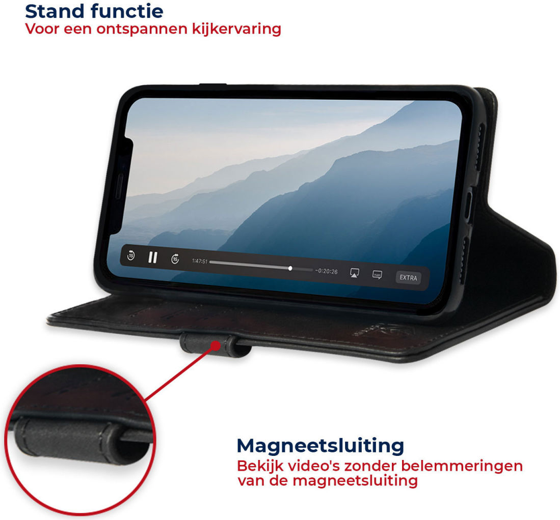 Rosso Deluxe Apple iPhone 12 Pro Max Hoesje Echt Leer Book Case Zwart afbeelding 4