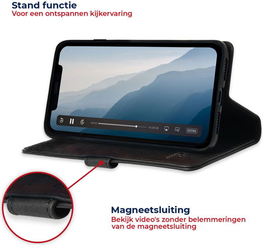 Rosso Deluxe Apple iPhone 12 Pro Max Hoesje Echt Leer Book Case Zwart afbeelding 4