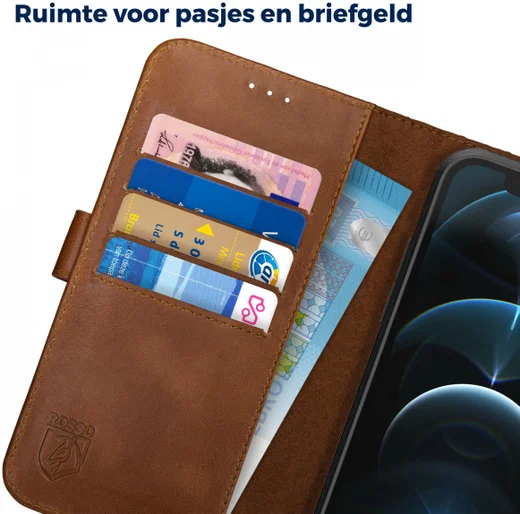 Rosso Deluxe Apple iPhone 12 Pro Max Hoesje Echt Leer Book Case Bruin afbeelding 8