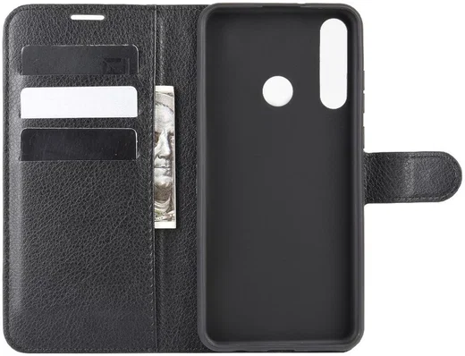 Huawei Y6p Litchi Skin Portemonnee Hoesje Zwart afbeelding 3