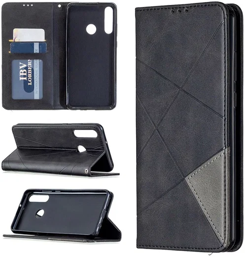 Huawei Y6p Geometrich Portemonnee Hoesje Zwart afbeelding 1
