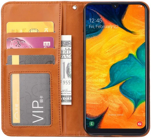 Samsung Galaxy A20e Portemonnee Hoesje Bruin met Standfunctie afbeelding 3