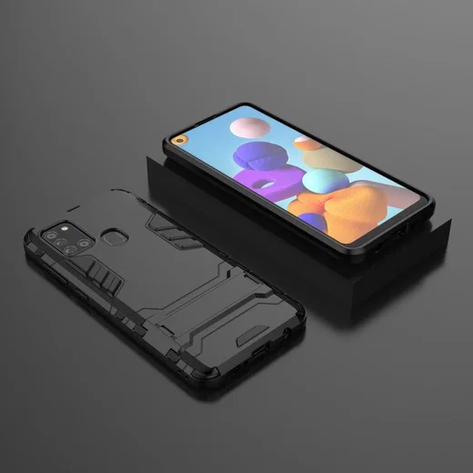 Samsung Galaxy A21S Hoesje Shock Proof Back Cover Met Kickstand Zwart afbeelding 9