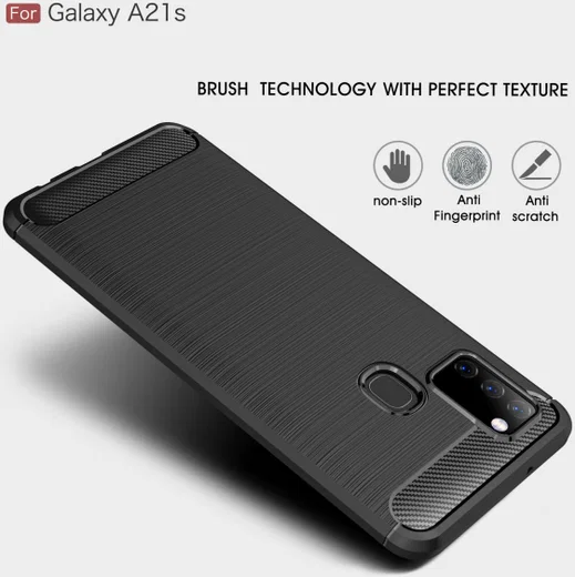 Samsung Galaxy A21s Geborsteld TPU Hoesje Carbon Fiber Blauw afbeelding 3