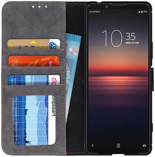 Sony Xperia 1 II Book Case Hoesje Portemonnee Retro Splitleer Zwart afbeelding 1