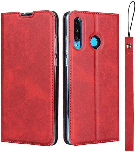 Huawei P30 Lite Kunstlederen Portemonnee Hoesje met Polsband Rood afbeelding 1