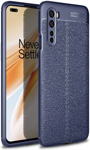 OnePlus Nord Litchi Hoesje TPU met Leren Textuur Blauw afbeelding 1