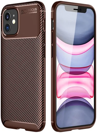 Apple iPhone 12 Mini Hoesje Carbon Fiber Back Cover Bruin afbeelding 1