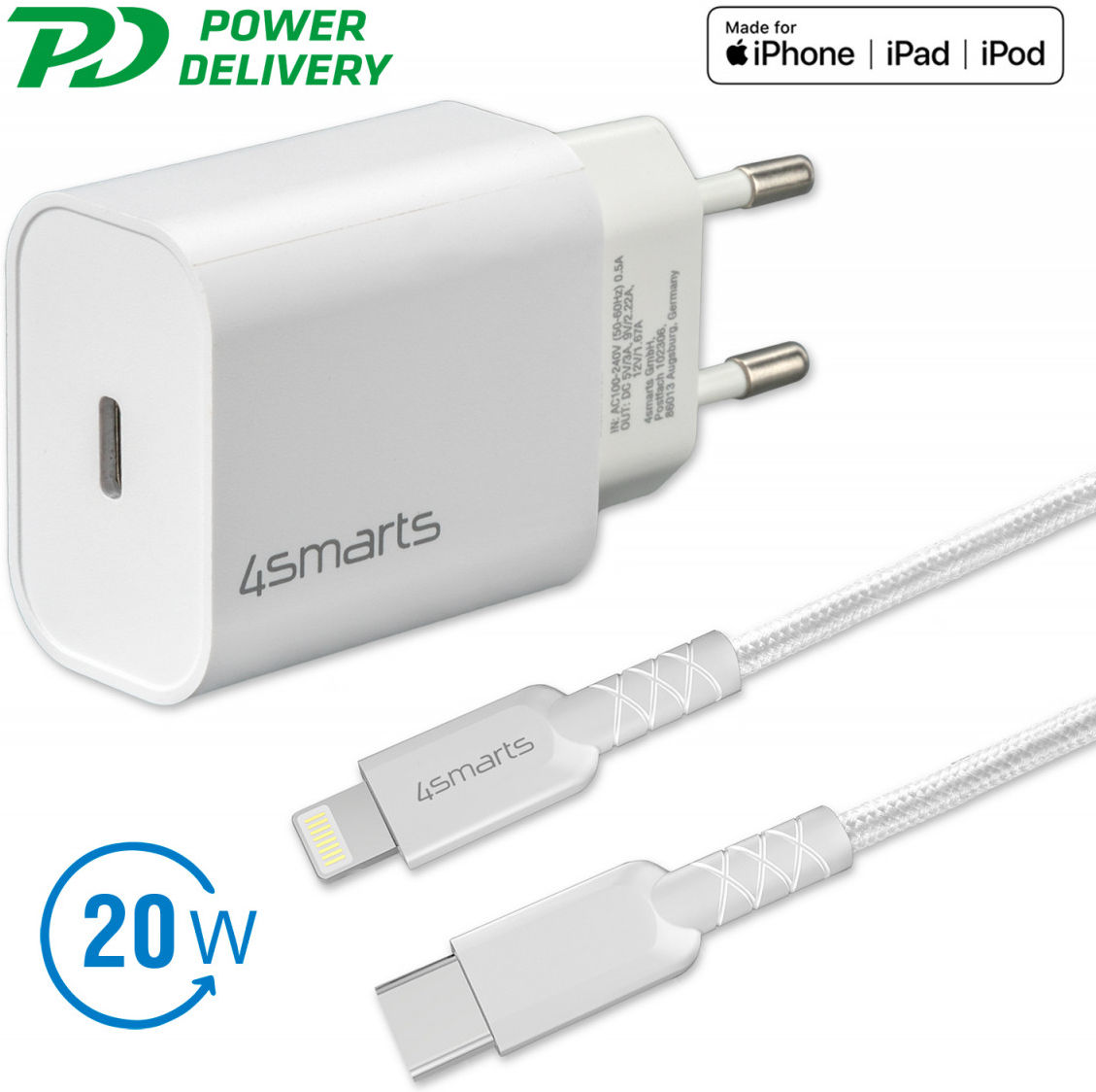 4smarts VoltPlug 20W USB-C Adapter met Lightning Kabel 1.5 Meter Wit afbeelding 3