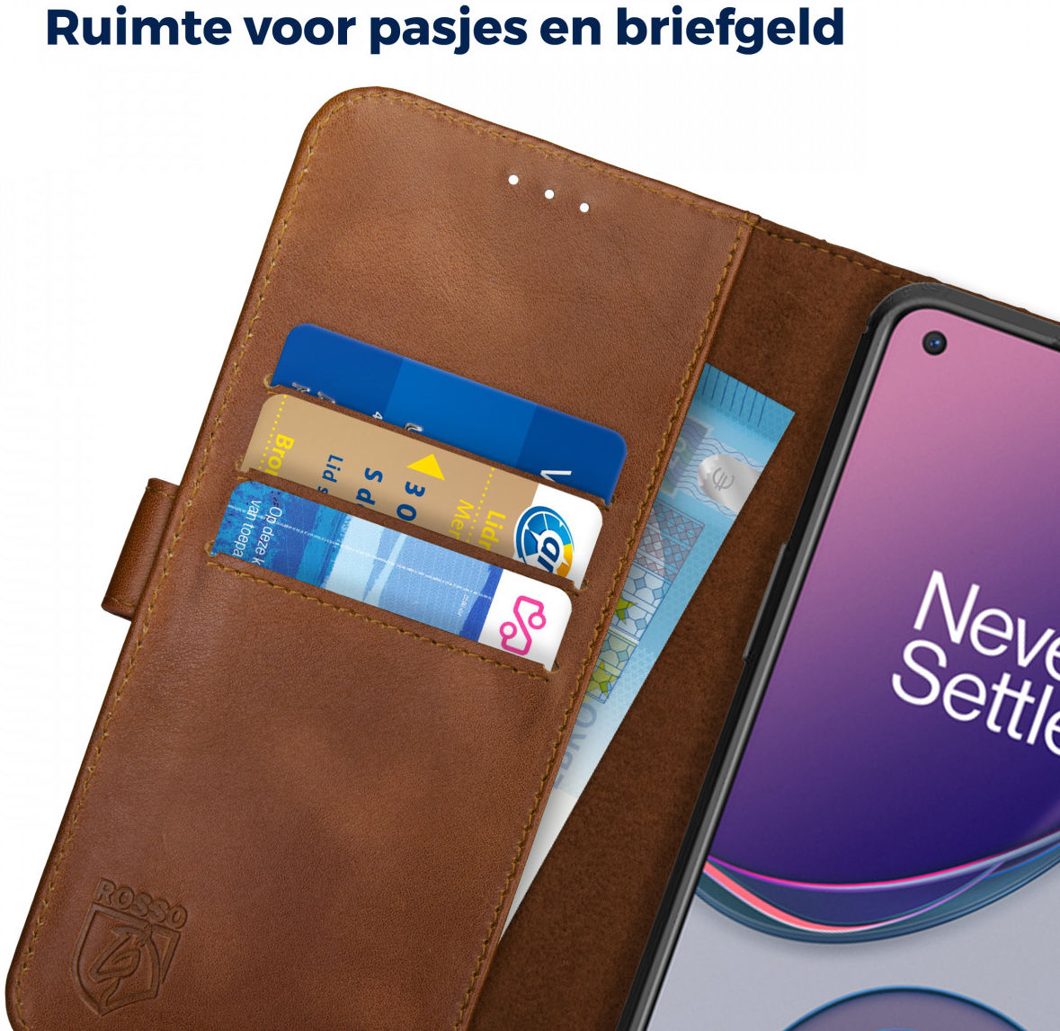 Rosso Deluxe OnePlus 8T Hoesje Echt Leer Book Case Bruin afbeelding 6