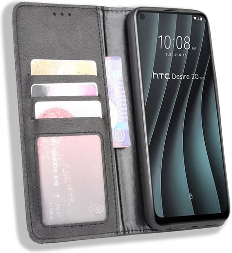 HTC Desire 20 Pro Retro Book Case Portemonnee Hoesje Zwart afbeelding 1