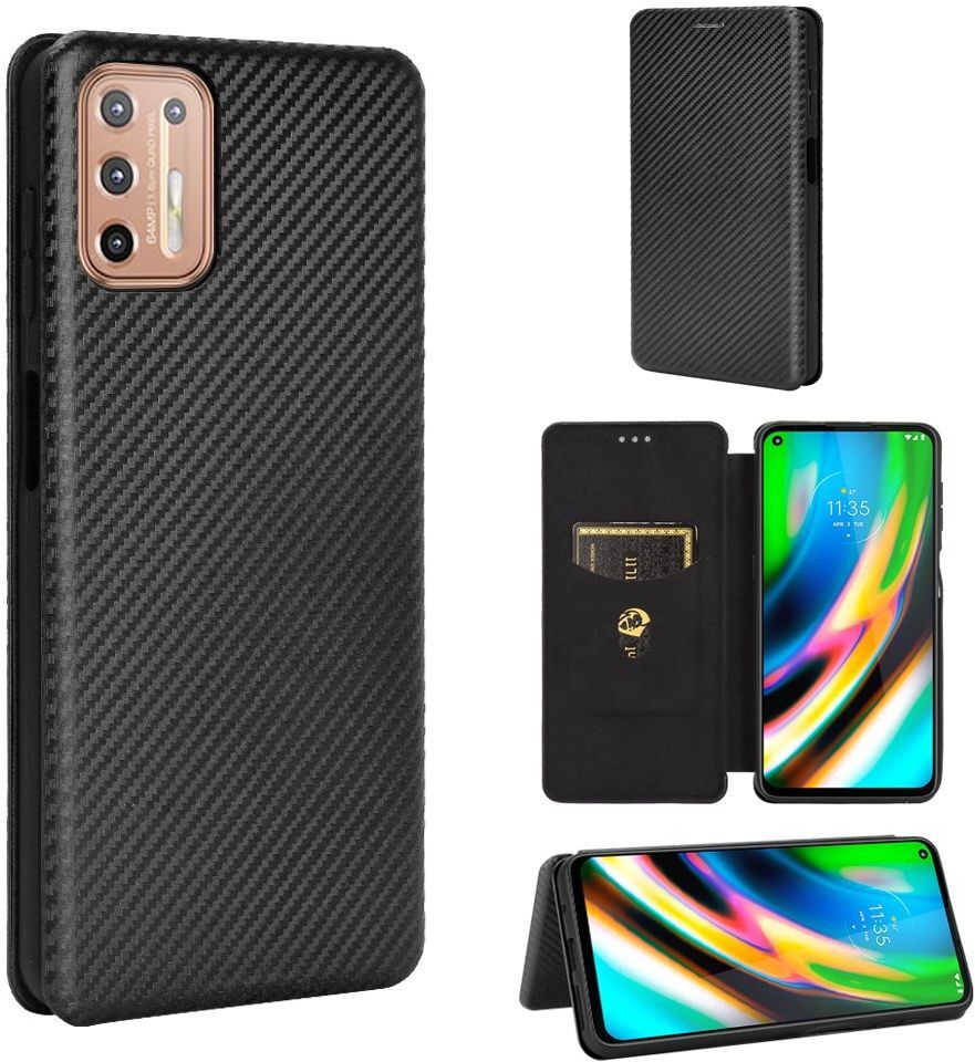Motorola Moto G9 Plus Carbon Fiber Portemonnee Hoesje Zwart afbeelding 12