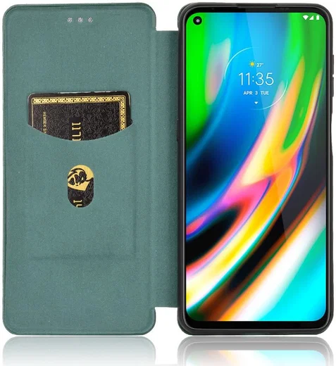 Motorola Moto G9 Plus Carbon Fiber Portemonnee Hoesje Groen afbeelding 1