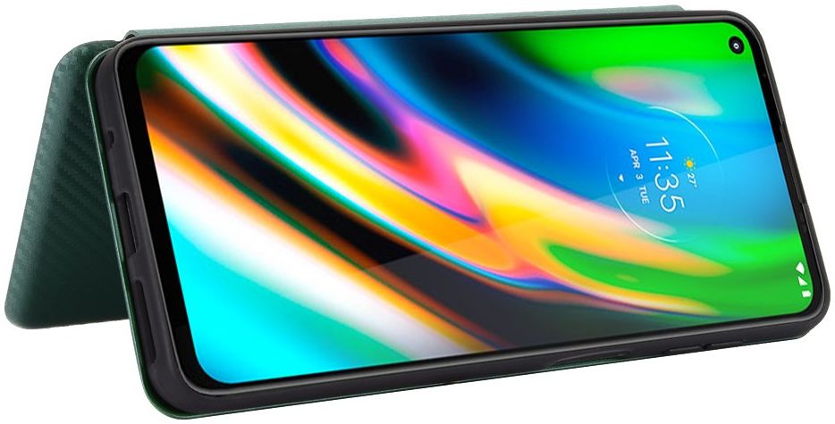 Motorola Moto G9 Plus Carbon Fiber Portemonnee Hoesje Groen afbeelding 3