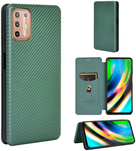 Motorola Moto G9 Plus Carbon Fiber Portemonnee Hoesje Groen afbeelding 9