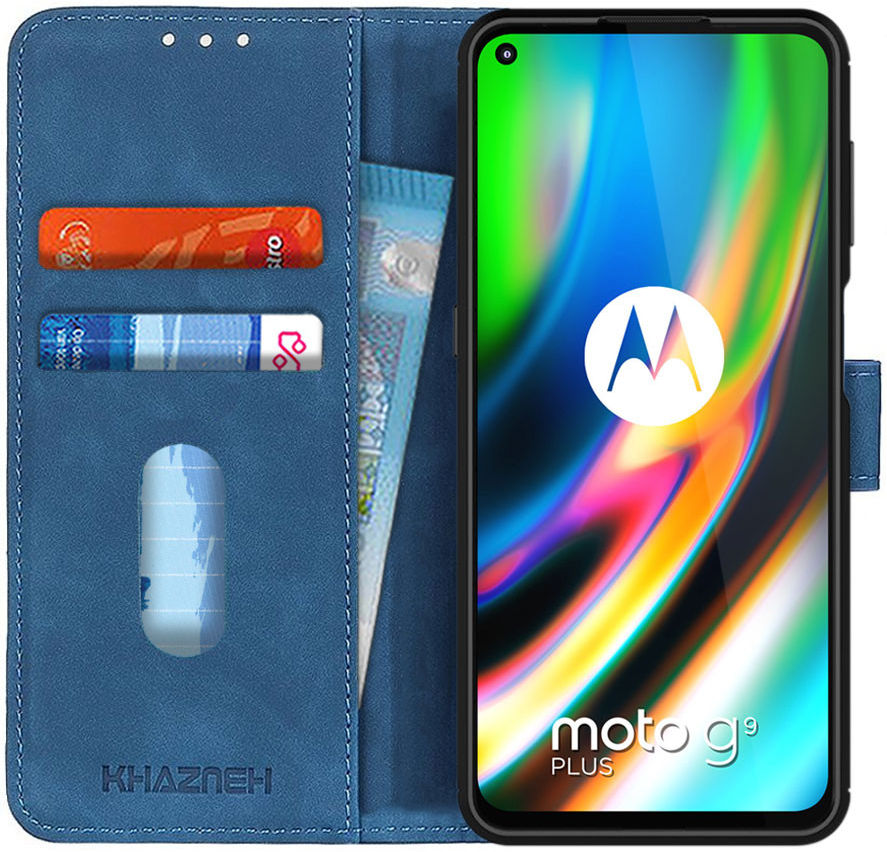 Motorola Moto G9 Plus Hoesje Retro Wallet Book Case Blauw afbeelding 1