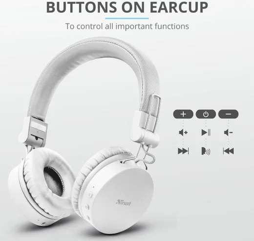 Trust Tones Bedraad/Bluetooth Draadloze On-Ear Koptelefoon Wit afbeelding 13