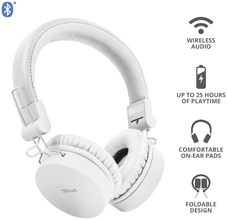 Trust Tones Bedraad/Bluetooth Draadloze On-Ear Koptelefoon Wit afbeelding 5
