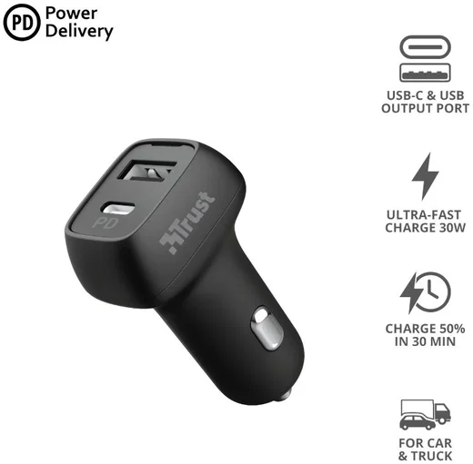 Trust Qmax 30W Autolader Fast Charge USB and USB-C Zwart afbeelding 7