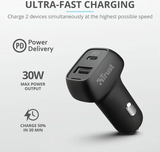 Trust Qmax 30W Autolader Fast Charge USB and USB-C Zwart afbeelding 6