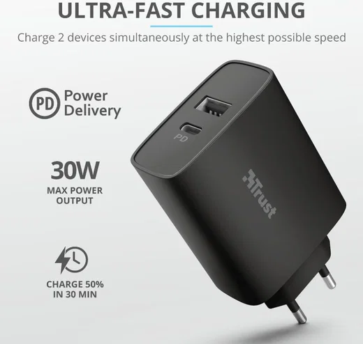 Trust Qmax Snellader 30W USB + USB-C Oplader met Power Delivery Zwart afbeelding 6